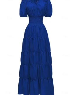 New Women's Plus Size with Sleeve Vintage Dress Long Dress Maxi Dress Lantern Sleeve Casual Plain V Neck Short Sleeve Halloween Summer Spring Dark Yellow Navy Women Casual Dress