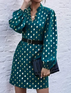 Online Women's Polka Dot Print Notched Neck Mini Dress Stylish Party Daily Long Sleeve Fall Women Casual Dress