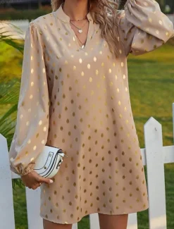 Online Women's Polka Dot Print Notched Neck Mini Dress Stylish Party Daily Long Sleeve Fall Women Casual Dress
