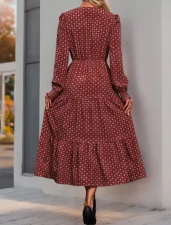 Hot Women's Polka Dot V Neck Midi Dress Long Sleeve Spring Fall Women Work Dresses