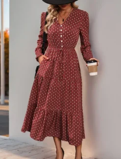 Hot Women's Polka Dot V Neck Midi Dress Long Sleeve Spring Fall Women Work Dresses