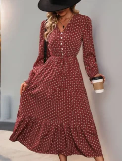 Hot Women's Polka Dot V Neck Midi Dress Long Sleeve Spring Fall Women Work Dresses