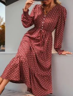 Hot Women's Polka Dot V Neck Midi Dress Long Sleeve Spring Fall Women Work Dresses