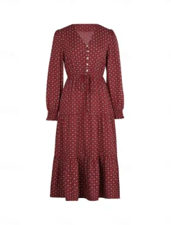 Hot Women's Polka Dot V Neck Midi Dress Long Sleeve Spring Fall Women Work Dresses