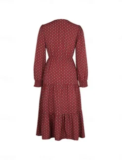 Hot Women's Polka Dot V Neck Midi Dress Long Sleeve Spring Fall Women Work Dresses