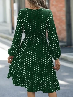New Women's Polka Dot V Neck Midi Dress Long Sleeve Spring Fall Women Work Dresses