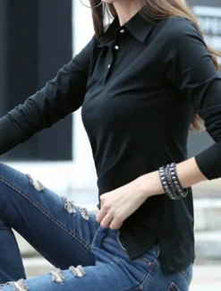 Outlet Women's Polo Shirts Plain Sports Cute Basic Long Sleeve Shirt Collar Regular Tops Casual Sports Buttons Black White Wine Green Khaki Spring Fall Women T-Shirts