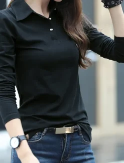 Outlet Women's Polo Shirts Plain Sports Cute Basic Long Sleeve Shirt Collar Regular Tops Casual Sports Buttons Black White Wine Green Khaki Spring Fall Women T-Shirts