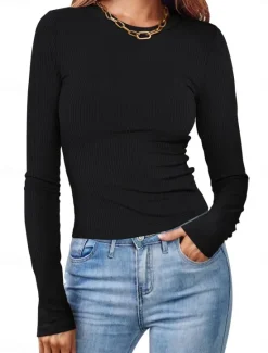 Online Women's Polo T Shirt Plain Vintage Fashion Long Sleeve Round Neck Crop Tops Daily Going out Black White Pink Army Green Red Spring Fall Winter Women T-Shirts
