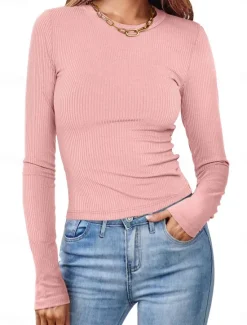 Online Women's Polo T Shirt Plain Vintage Fashion Long Sleeve Round Neck Crop Tops Daily Going out Black White Pink Army Green Red Spring Fall Winter Women T-Shirts