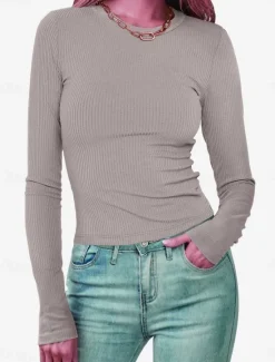 Online Women's Polo T Shirt Plain Vintage Fashion Long Sleeve Round Neck Crop Tops Daily Going out Black White Pink Army Green Red Spring Fall Winter Women T-Shirts