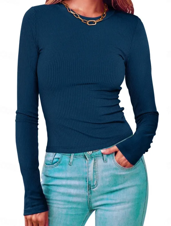 Online Women's Polo T Shirt Plain Vintage Fashion Long Sleeve Round Neck Crop Tops Daily Going out Black White Pink Army Green Red Spring Fall Winter Women T-Shirts