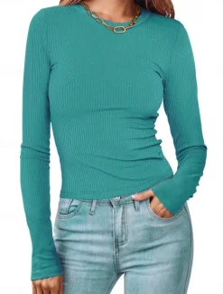 Online Women's Polo T Shirt Plain Vintage Fashion Long Sleeve Round Neck Crop Tops Daily Going out Black White Pink Army Green Red Spring Fall Winter Women T-Shirts