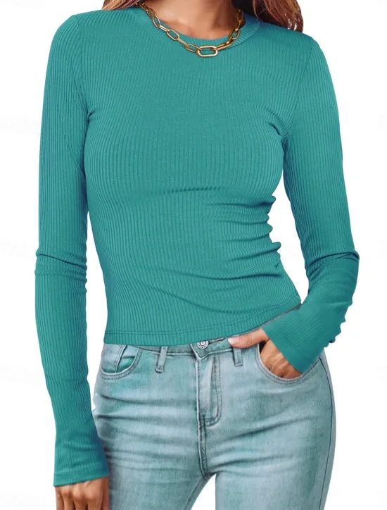 Online Women's Polo T Shirt Plain Vintage Fashion Long Sleeve Round Neck Crop Tops Daily Going out Black White Pink Army Green Red Spring Fall Winter Women T-Shirts