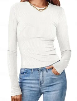 Online Women's Polo T Shirt Plain Vintage Fashion Long Sleeve Round Neck Crop Tops Daily Going out Black White Pink Army Green Red Spring Fall Winter Women T-Shirts