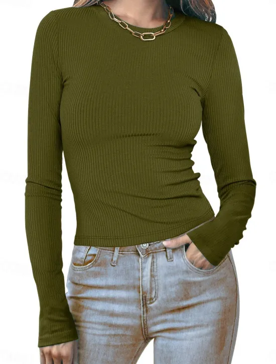 Online Women's Polo T Shirt Plain Vintage Fashion Long Sleeve Round Neck Crop Tops Daily Going out Black White Pink Army Green Red Spring Fall Winter Women T-Shirts