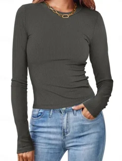 Online Women's Polo T Shirt Plain Vintage Fashion Long Sleeve Round Neck Crop Tops Daily Going out Black White Pink Army Green Red Spring Fall Winter Women T-Shirts