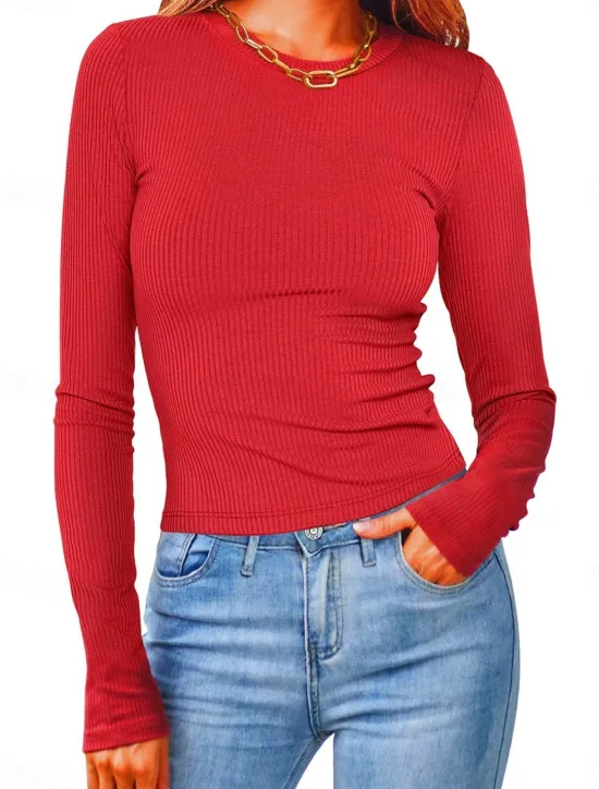 Online Women's Polo T Shirt Plain Vintage Fashion Long Sleeve Round Neck Crop Tops Daily Going out Black White Pink Army Green Red Spring Fall Winter Women T-Shirts