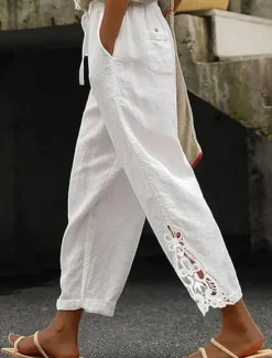 Online Women's Poly-Cotton Linen Texture Pants Cropped Pants Fashion Streetwear Comfort Ankle-Length Mid Waist Plain Lace Comfy Comfortable Street Daily Wear Going out Black White Blue Green Summer Regular Women Pants