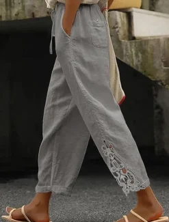 Online Women's Poly-Cotton Linen Texture Pants Cropped Pants Fashion Streetwear Comfort Ankle-Length Mid Waist Plain Lace Comfy Comfortable Street Daily Wear Going out Black White Blue Green Summer Regular Women Pants