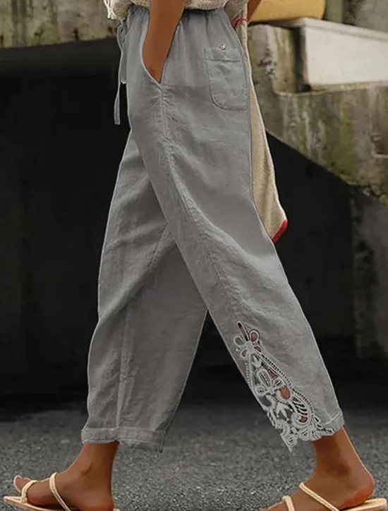 Online Women's Poly-Cotton Linen Texture Pants Cropped Pants Fashion Streetwear Comfort Ankle-Length Mid Waist Plain Lace Comfy Comfortable Street Daily Wear Going out Black White Blue Green Summer Regular Women Pants