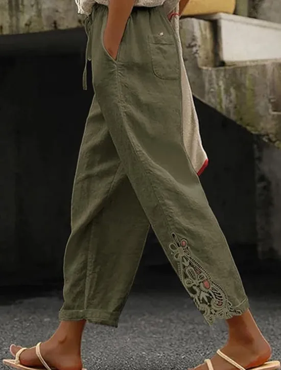 Online Women's Poly-Cotton Linen Texture Pants Cropped Pants Fashion Streetwear Comfort Ankle-Length Mid Waist Plain Lace Comfy Comfortable Street Daily Wear Going out Black White Blue Green Summer Regular Women Pants