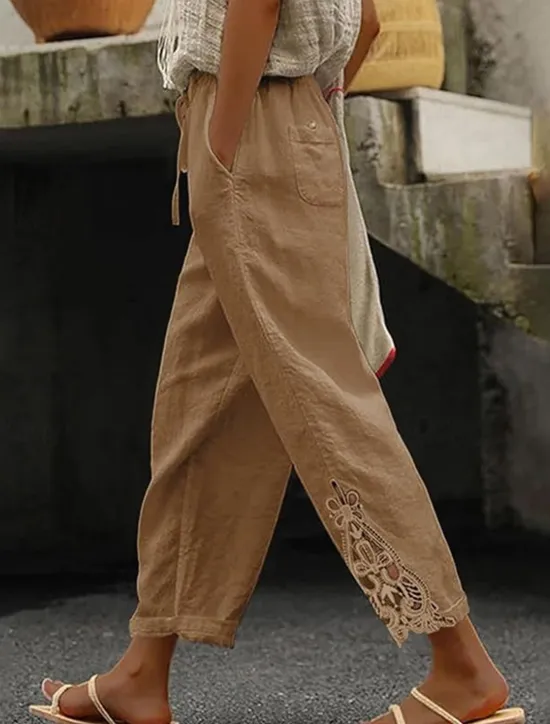 Online Women's Poly-Cotton Linen Texture Pants Cropped Pants Fashion Streetwear Comfort Ankle-Length Mid Waist Plain Lace Comfy Comfortable Street Daily Wear Going out Black White Blue Green Summer Regular Women Pants