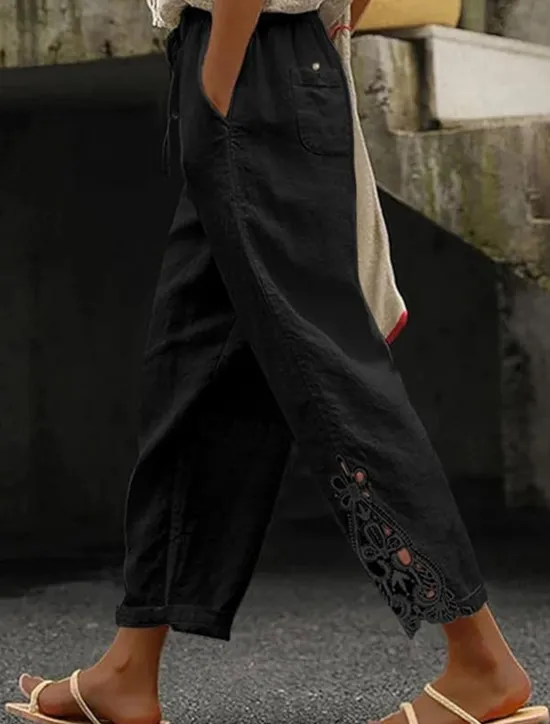 Online Women's Poly-Cotton Linen Texture Pants Cropped Pants Fashion Streetwear Comfort Ankle-Length Mid Waist Plain Lace Comfy Comfortable Street Daily Wear Going out Black White Blue Green Summer Regular Women Pants