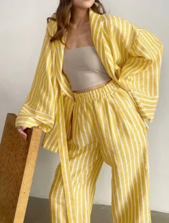 New Women's Print Chemises & Gowns Nightwear - POLY Striped Home Outfits Women Pajama-Setter