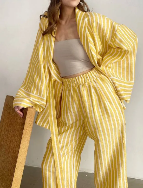 New Women's Print Chemises & Gowns Nightwear - POLY Striped Home Outfits Women Pajama-Setter