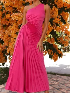 Online Women's Prom Dress Party Dress Cut Out Dress Pleated Drawstring One Shoulder Sleeveless Valentine's Day Wedding Guest Elegant Black Light Purple Summer Spring Women Cocktail Dress