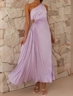Online Women's Prom Dress Party Dress Cut Out Dress Pleated Drawstring One Shoulder Sleeveless Valentine's Day Wedding Guest Elegant Black Light Purple Summer Spring Women Cocktail Dress