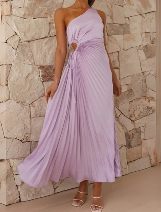 Online Women's Prom Dress Party Dress Cut Out Dress Pleated Drawstring One Shoulder Sleeveless Valentine's Day Wedding Guest Elegant Black Light Purple Summer Spring Women Cocktail Dress