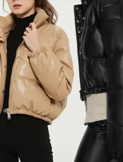 Best Women's Puffer Jacket Warm Breathable Zipper Pocket Casual Plain Vacation Street Daily Wear Going out Zipper Short Stand Collar Regular Fit Long Sleeve Outerwear Black White Green Fall Winter Women Puffers & Parka