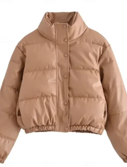 Best Women's Puffer Jacket Warm Breathable Zipper Pocket Casual Plain Vacation Street Daily Wear Going out Zipper Short Stand Collar Regular Fit Long Sleeve Outerwear Black White Green Fall Winter Women Puffers & Parka