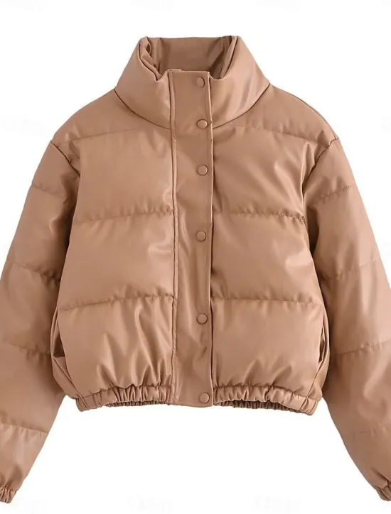 Best Women's Puffer Jacket Warm Breathable Zipper Pocket Casual Plain Vacation Street Daily Wear Going out Zipper Short Stand Collar Regular Fit Long Sleeve Outerwear Black White Green Fall Winter Women Puffers & Parka
