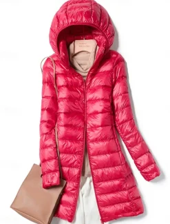 Discount Women's Puffer Jacket Warm Breathable Zipper Pocket Casual Plain Vacation Street Daily Wear Going out Zipper Long Hoodie Regular Fit Long Sleeve Outerwear Wine Red Fuchsia Fall Winter Women Puffers & Parka