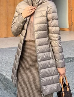 Discount Women's Puffer Jacket Warm Breathable Zipper Pocket Casual Plain Vacation Street Daily Wear Going out Zipper Long Hoodie Regular Fit Long Sleeve Outerwear Wine Red Fuchsia Fall Winter Women Puffers & Parka