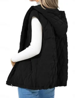Online Women's Puffer Vest Quilted Vest Windproof Warm Patchwork Simple Solid Color Daily Regular Hooded Regular Fit Sleeveless Outerwear Black White Camel Fall Winter Women Puffers & Parka