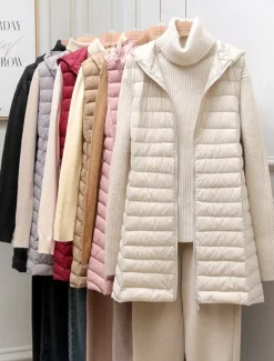 Outlet Women's Puffer Vest Warm Breathable Zipper Pocket Casual Plain Vacation Street Daily Wear Going out Zipper Long Hoodie Regular Fit Sleeveless Outerwear Black Pink Beige Fall Winter Women Puffers & Parka