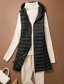 Outlet Women's Puffer Vest Warm Breathable Zipper Pocket Casual Plain Vacation Street Daily Wear Going out Zipper Long Hoodie Regular Fit Sleeveless Outerwear Black Pink Beige Fall Winter Women Puffers & Parka