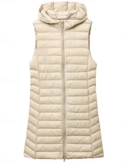 Outlet Women's Puffer Vest Warm Breathable Zipper Pocket Casual Plain Vacation Street Daily Wear Going out Zipper Long Hoodie Regular Fit Sleeveless Outerwear Black Pink Beige Fall Winter Women Puffers & Parka