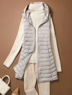 Outlet Women's Puffer Vest Warm Breathable Zipper Pocket Casual Plain Vacation Street Daily Wear Going out Zipper Long Hoodie Regular Fit Sleeveless Outerwear Black Pink Beige Fall Winter Women Puffers & Parka