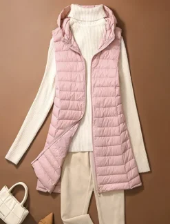 Outlet Women's Puffer Vest Warm Breathable Zipper Pocket Casual Plain Vacation Street Daily Wear Going out Zipper Long Hoodie Regular Fit Sleeveless Outerwear Black Pink Beige Fall Winter Women Puffers & Parka