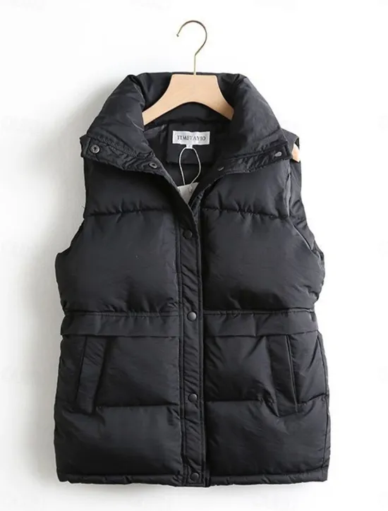 New Women's Puffer Vest Winter Crop Vest Lightweight Sleeveless Warm Outerwear with Pockets Outdoor Street Thermal Warm Windproof Comtemporary Stylish Casual Jacket Sleeveless Solid Color white Black Women Puffers & Parka