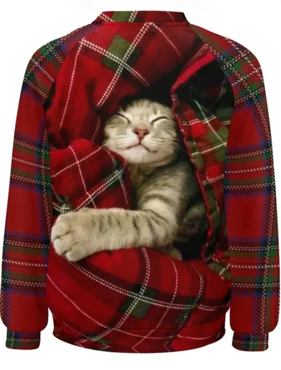 Outlet Women's Pullover Sweatshirt Plaid Cat Casual Sportswear Festival Round Neck Long Sleeve Top Micro-elastic Fall & Winter Women Hoodies & Sweatshirts