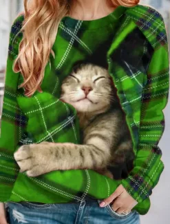 Outlet Women's Pullover Sweatshirt Plaid Cat Casual Sportswear Festival Round Neck Long Sleeve Top Micro-elastic Fall & Winter Women Hoodies & Sweatshirts