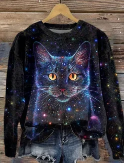 Online Women's Pullover Casual Cat Dailywear Casual Crew Neck Print Long Sleeve Fall Winter Women Hoodies & Sweatshirts