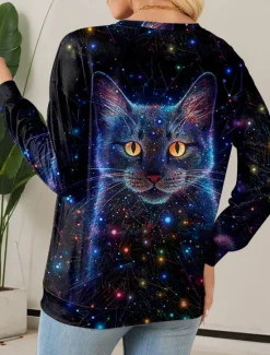 Online Women's Pullover Casual Cat Dailywear Casual Crew Neck Print Long Sleeve Fall Winter Women Hoodies & Sweatshirts