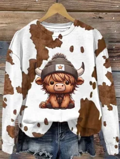 Clearance Women's Pullover Casual Cow Street Dailywear Crew Neck Print Long Sleeve Fall Winter Women Hoodies & Sweatshirts